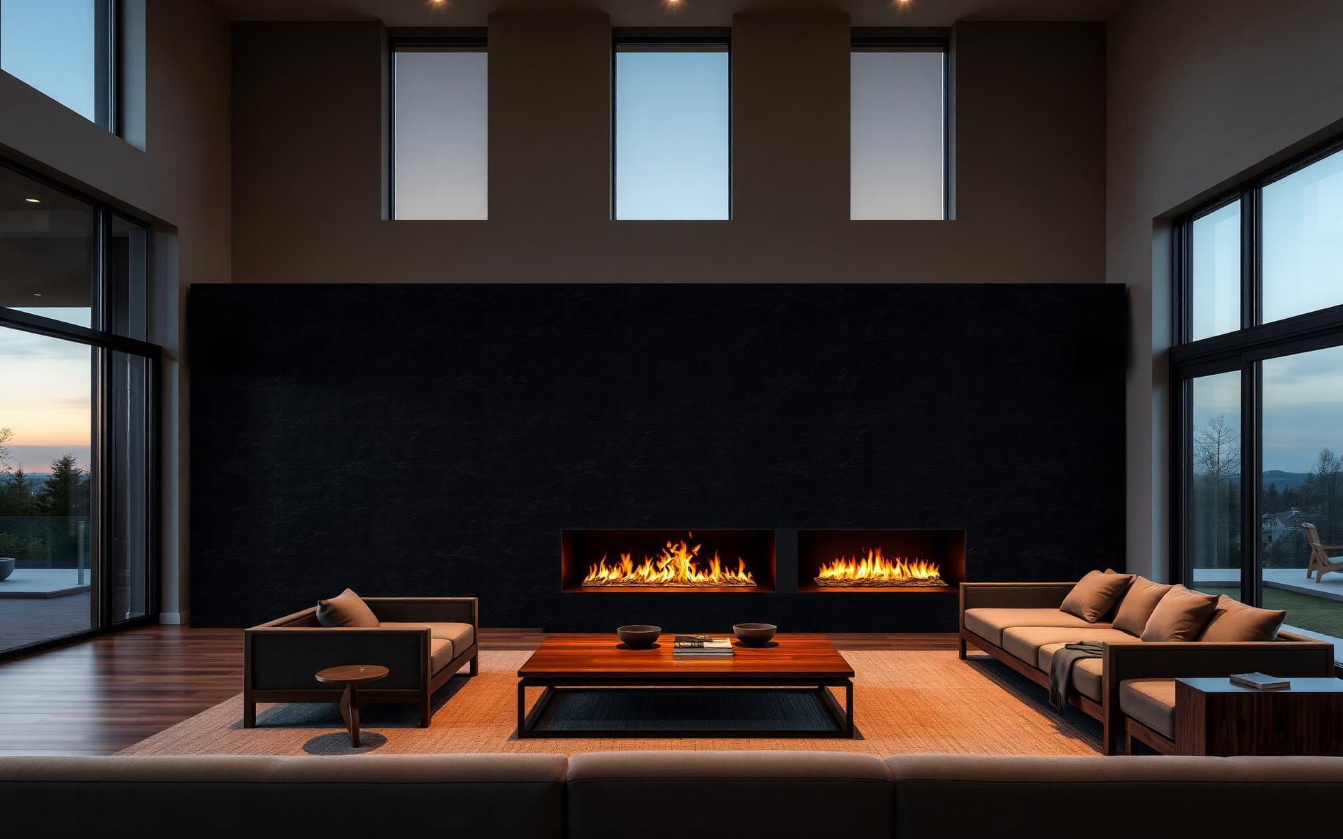 Luxury living room with 3-sided smart electric fireplace